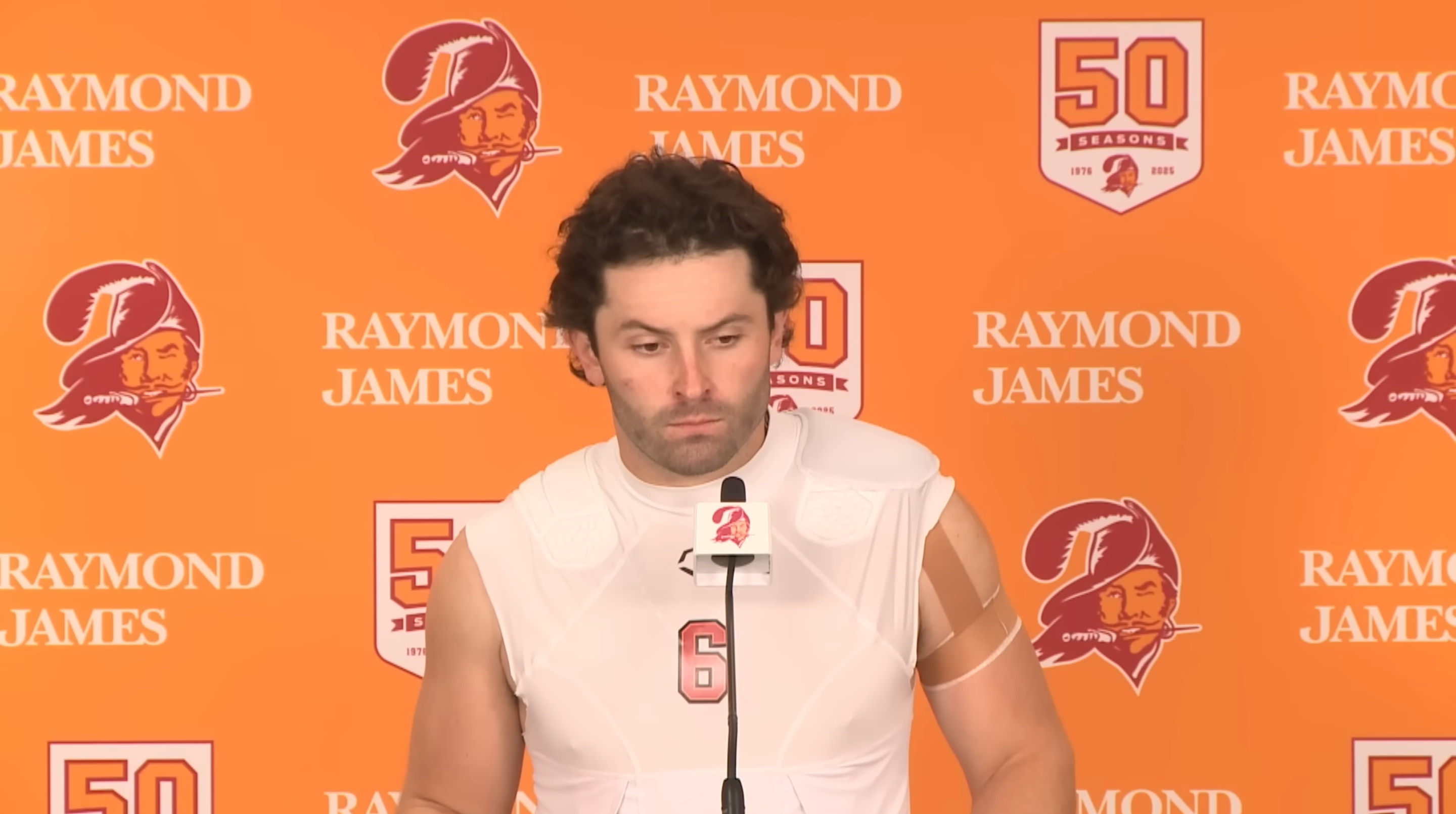 Baker Mayfield talks with Bucs reporters about his role in the Week 15 loss to the Falcons.